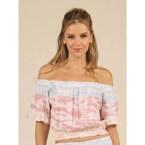 Womens Medium Tie Dye Ombre Off Shoulder Crop Top Ruffle Sleeve Ocean Drive